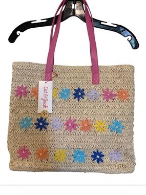 Cat & Jack Floral Straw Tote Beach Bag Pink Handle NWT